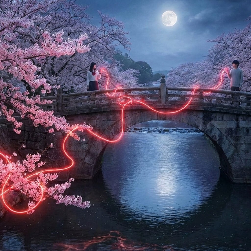 um casal em uma ponte no Japão ligados por um fio vermelho brilhante