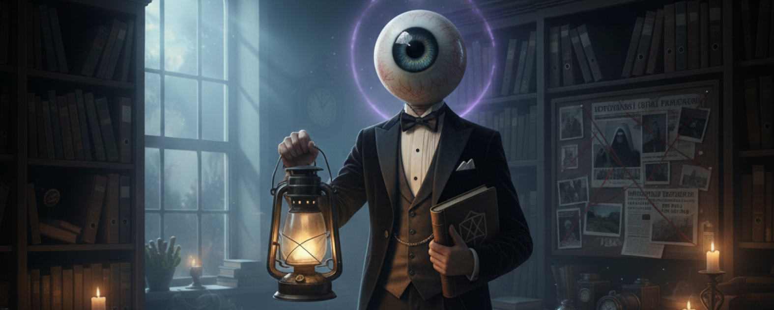Criatura misteriosa com um olho grande no lugar da cabeça, em um ambiente sombrio de estudos e experimentos, segurando uma lâmpada antiga e um livro