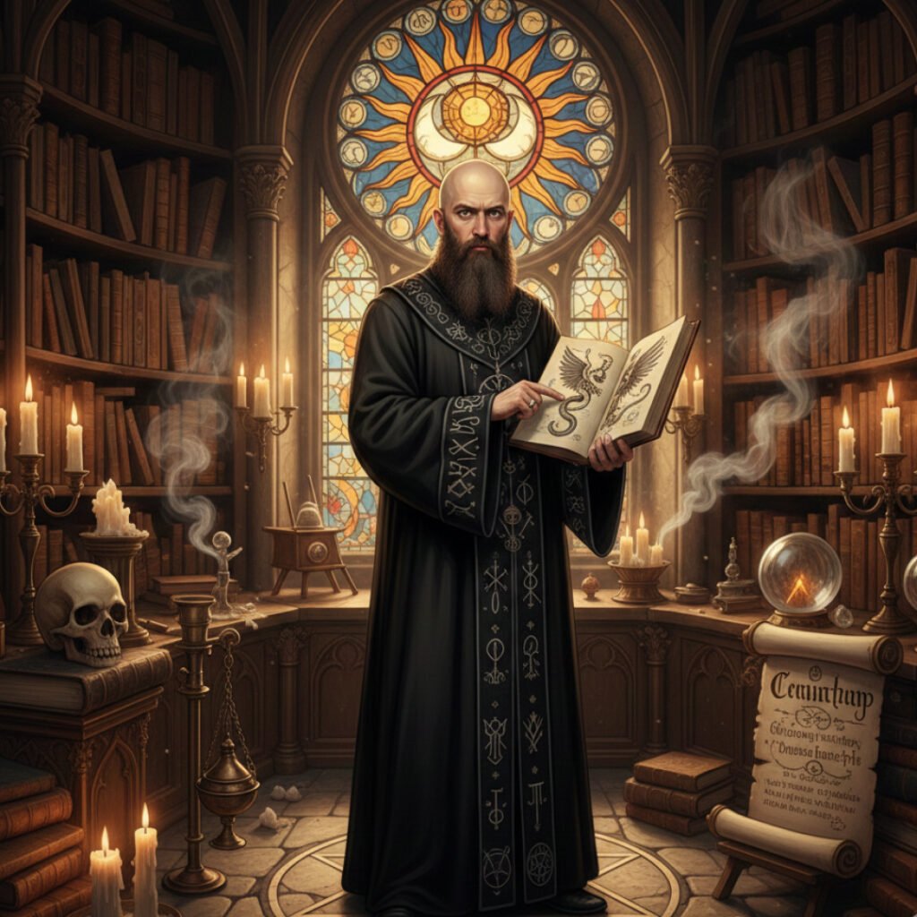 Aleister Crowley segurando um livro de magia antigo em uma sala com elementos ocultistas