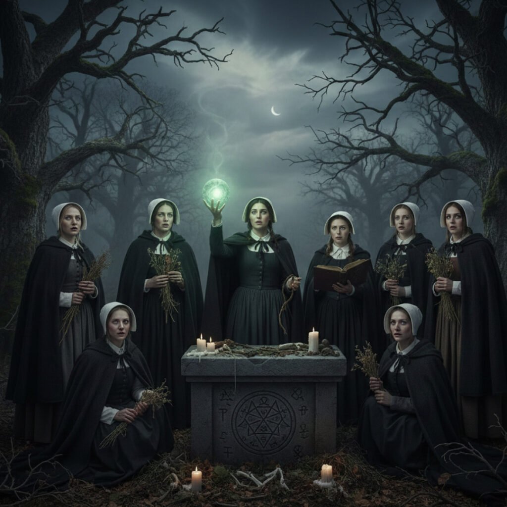 oito bruxas em uma noite sombria realizando um ritual ocultista