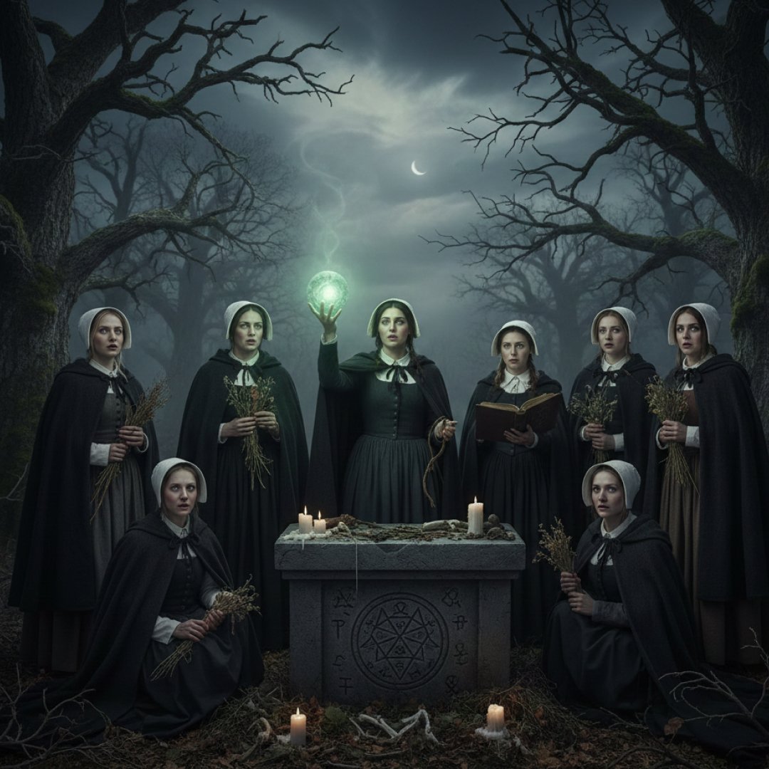 oito bruxas em uma noite sombria realizando um ritual ocultista