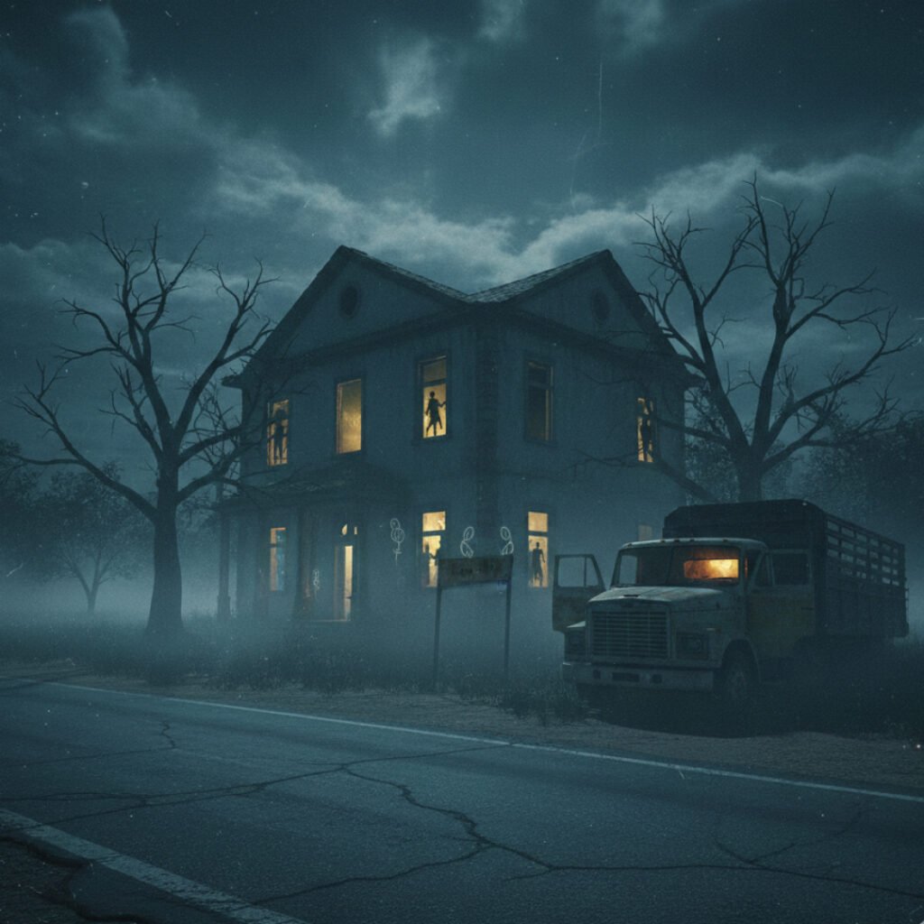 casa assombrada em um ambiente noturno e deserto com um caminhão ao lado