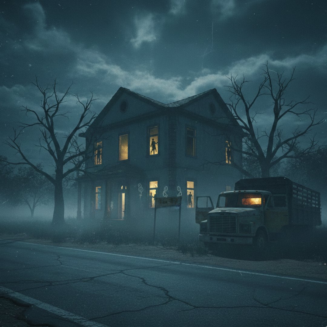 casa assombrada em um ambiente noturno e deserto com um caminhão ao lado