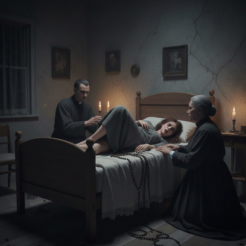 Emily Rose na cama supostamente possuída por demônios com um padre e uma freira ao lado.