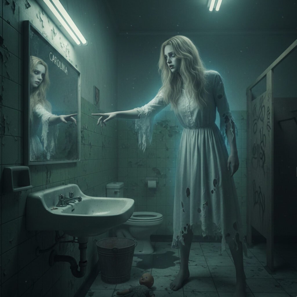 A loira do banheiro em um banheiro, olhando e apontando para um espelho