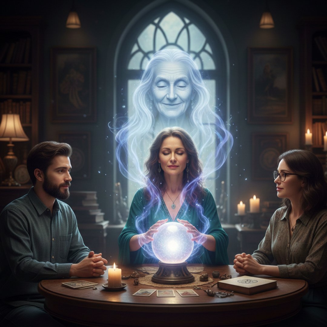 Um casal sentado à mesa com uma médium tocando uma bola de cristal