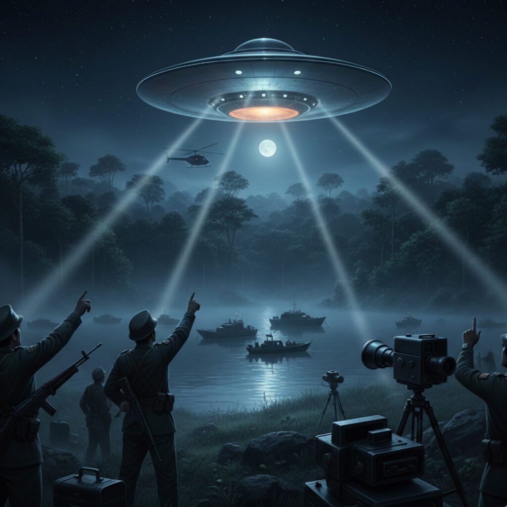 militares e fotografos avistando um UAP em uma noite no Brasil, caracterizada pela chamada "operação prato"