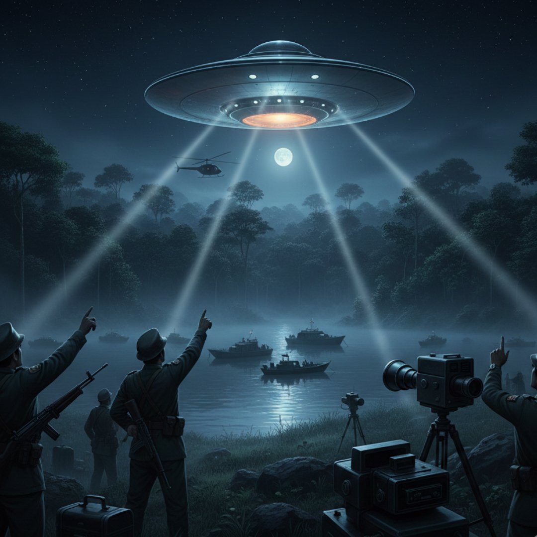 militares e fotografos avistando um UAP em uma noite no Brasil, caracterizada pela chamada "operação prato"