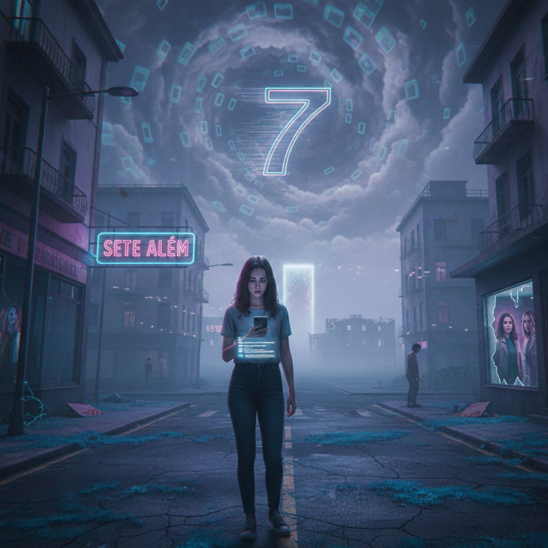 Uma mulher nas ruas de Sete Além, segurando um celular em um universo alternativo com aspecto cyberpunk