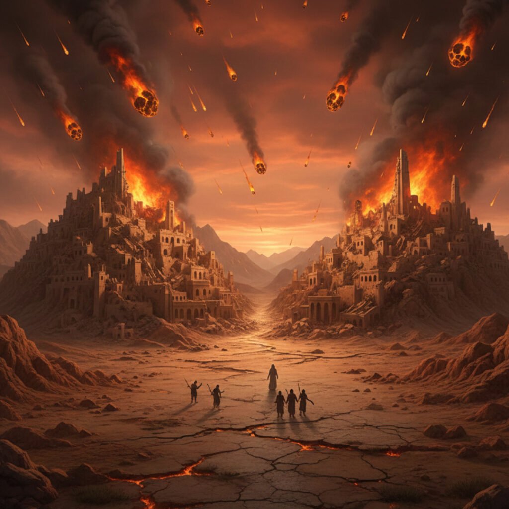 Sodoma e Gomorra sendo destruídas por fogo do céu