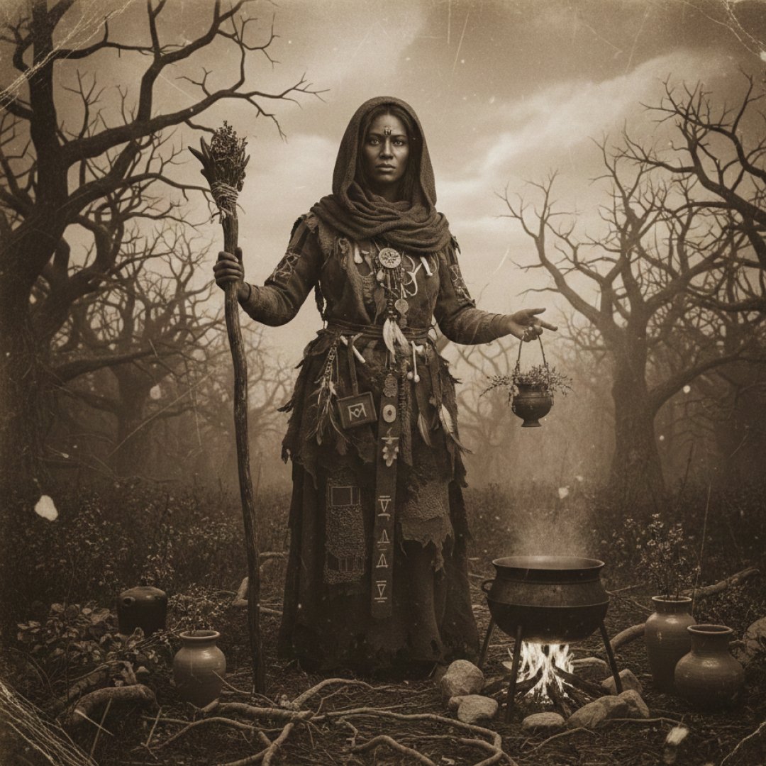 ilustração fotográfica de Tituba fazendo poções em uma ambiente árido